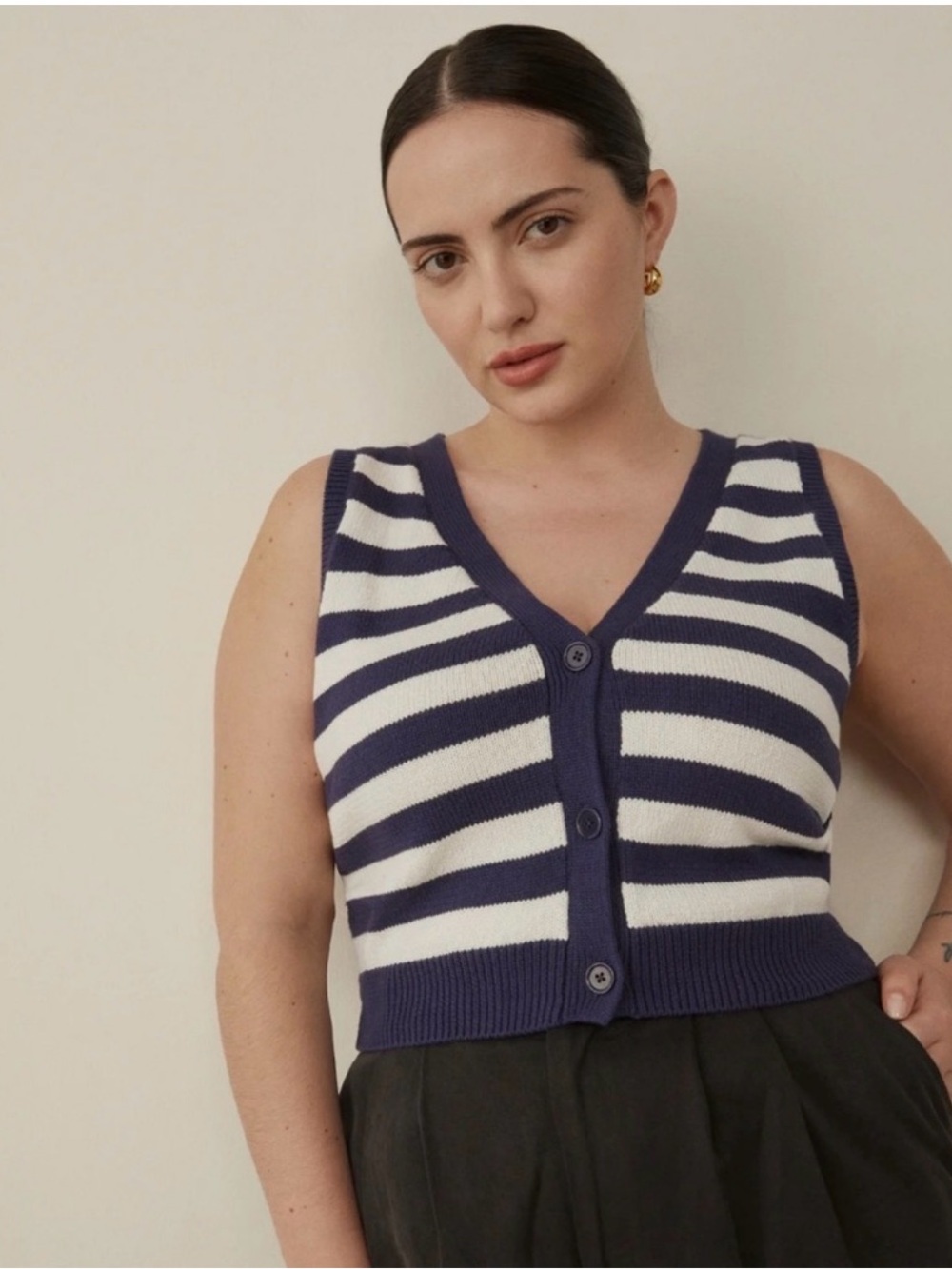 Reformation Navy and White Striped V-Neck Button Vest